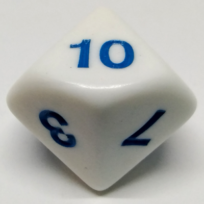 White 20mm 10-sided die with blue numbers from 1-10