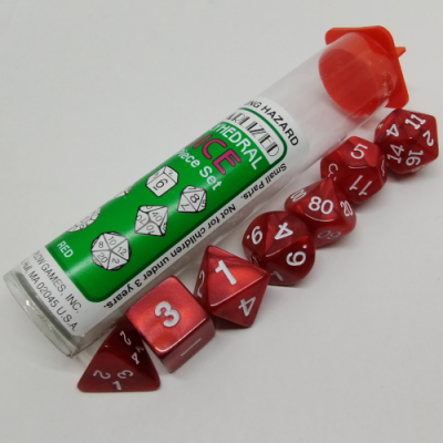 Tube of 7 Polyhedral Dice - Pearlized Red with White Numbers