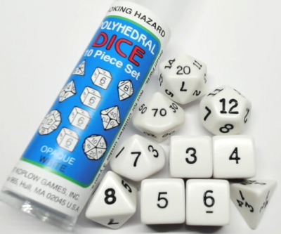 Tube of 10 opaque polyhedral dice - white with black numbers