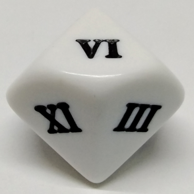 white 20mm 10-sided die with black roman numerals