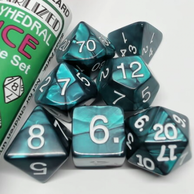 Tube of 7 Polyhedral Dice - Pearlized Emerald with White Numbers