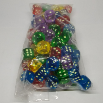 Bag of 100 16mm dice with glow-in-the-dark pips - rounded corners, assorted colours