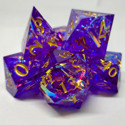 Sharp Edged Prismatic Tinsel Dice - purple in a bottle with screw-cap