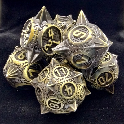 Spiky metal dice: ancient gold with black suedecloth bag