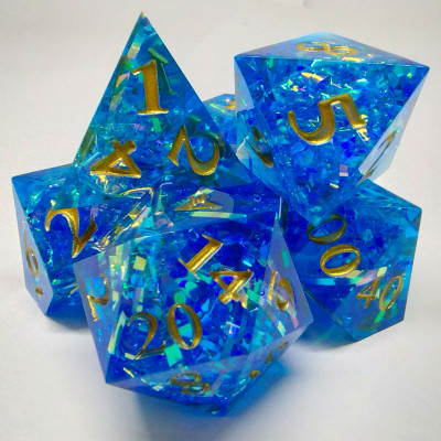 Sharp Edged Prismatic Tinsel Dice - blue in a bottle with screw-cap