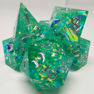 Sharp Edged Prismatic Tinsel Dice - teal in a bottle with screw-cap