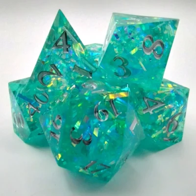 Prismatic Tinsel Dice - teal in a bottle with screw-cap