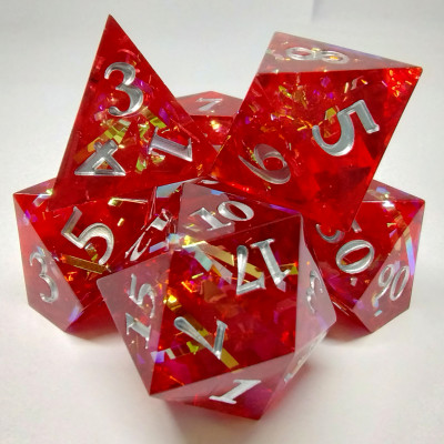 Sharp Edged Prismatic Tinsel Dice - red in a bottle with screw-cap