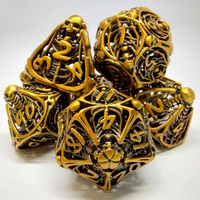 Hollow Skeleton Horror Dice Kit - Aged Gold with metal box