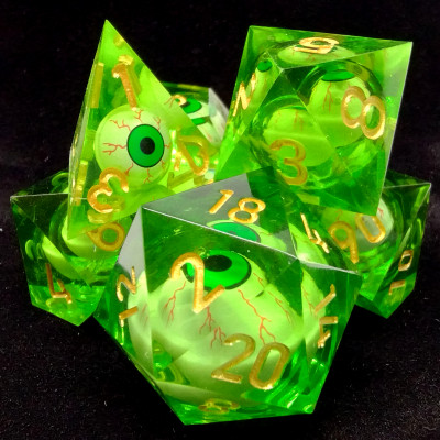 Mirrors of the soul - green Liquid Core dice kit with black suedecloth bag