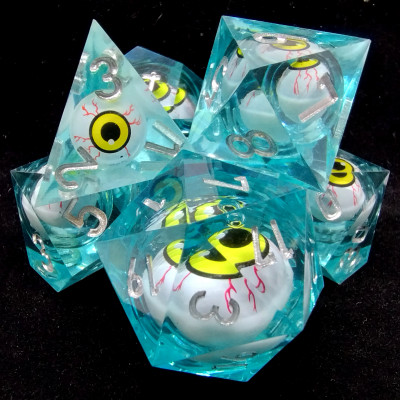 Mirrors of the soul - light blue Liquid Core dice kit with black suedecloth bag