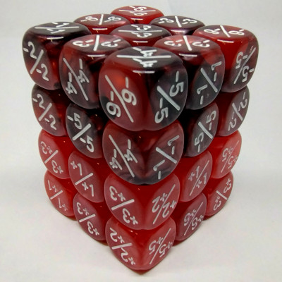 Set of 36 12mm positive and negative counter dice - red & black swirl