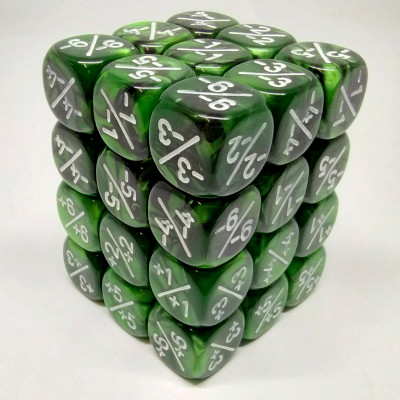 Set of 36 12mm positive and negative counter dice - green & black swirl