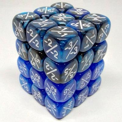 Set of 36 12mm positive and negative counter dice - blue & black swirl