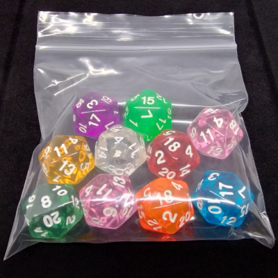 Bag of Fun - 10 transulent d20's - Assorted colours