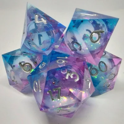 Liquid Core Maelstrom of Dreams dice kit - blue and pink in a bottle with screw-cap