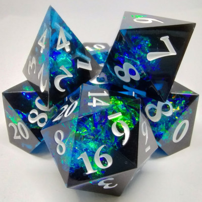 Sharp-Edged Dice: Shimmering plasma - black and blue in a bottle with screw-cap