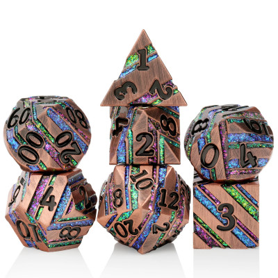 Striped Metal Dice Kit - Ancient copper with colourful stripes in black suedecloth bag