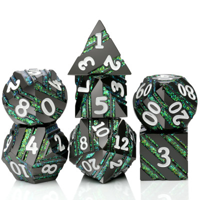 Striped Metal Dice Kit - Black with green stripes in black suedecloth bag