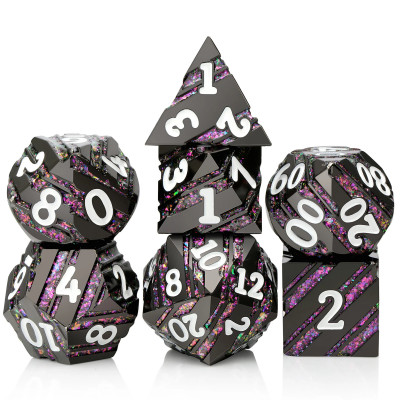 Striped Metal Dice Kit - Black with purple stripes in black suedecloth bag