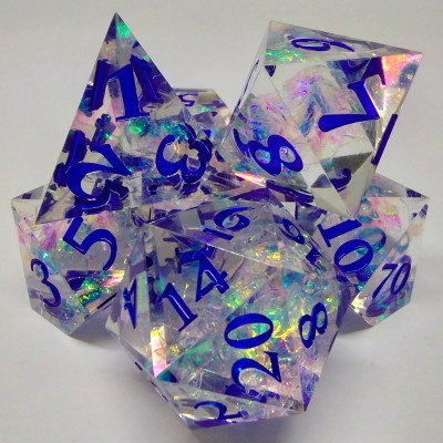 Sharp-Edged Dice: Shimmering plasma - ice blue in a bottle with screw-cap