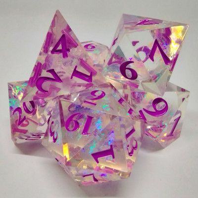 Sharp-Edged Dice: Shimmering plasma - ice purple in a bottle with screw-cap