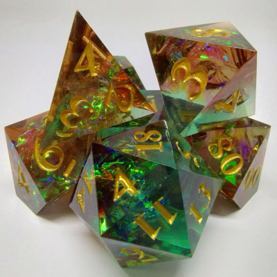 Sharp-Edged Dice: Shimmering plasma - green / orange in a bottle with screw-cap