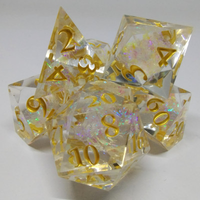 Sharp-Edged Dice: Shimmering plasma - iced gold in a bottle with screw-cap