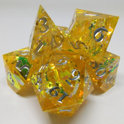 Sharp Edged Prismatic Tinsel Dice - yellow in a bottle with screw-cap