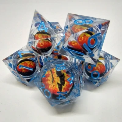 Liquid Core Dragon Eye dice kit - translucent blue with red dragon eye in a bottle with screw-cap