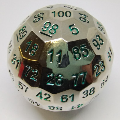 Metal d100 - Silver with green numbers in a metal box