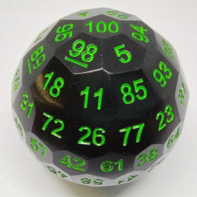 Metal d100 - Black with green numbers in a metal box