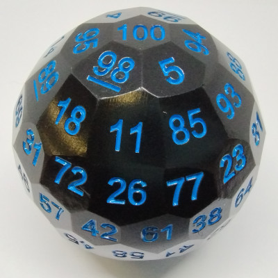 Metal d100 - Black with blue numbers in a metal box