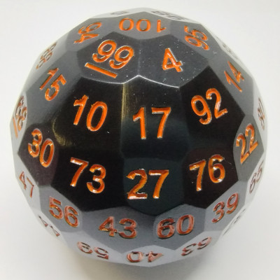 Metal d100 - Black with orange numbers in a metal box