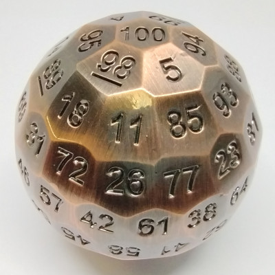 Metal d100 - Ancient copper with black numbers in a metal box