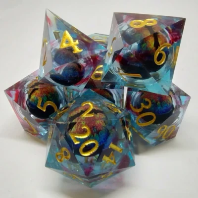 Liquid Core Dragon Eye Bloodlines dice kit - blue and red in a bottle with screw-cap