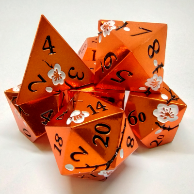 Plum Blossom Dice Kit - orange in a metal box