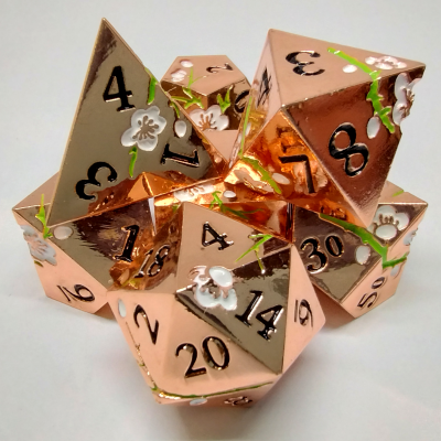 Plum Blossom Dice Kit - Rose gold with white blossoms in a metal box