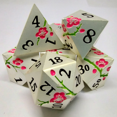 Plum Blossom Dice Kit - silver with pink flowers in a metal box