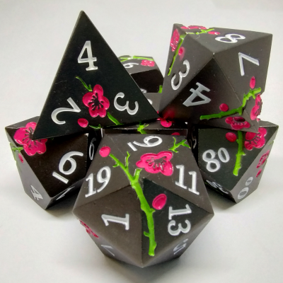 Plum Blossom Dice Kit - black with pink flowers in a metal box