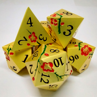 Plum Blossom Dice Kit - gold with red flowers in a metal box