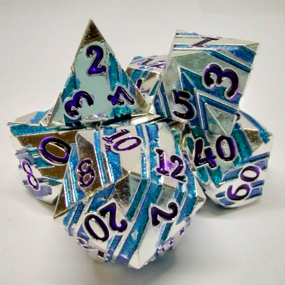 Striped Metal Dice Kit - Silver with green stripes and purple numbers in black suedecloth bag