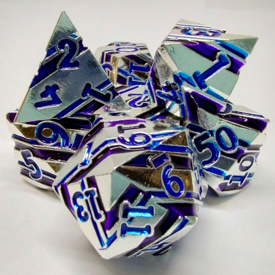 Striped Metal Dice Kit - Silver with blue & purple stripes and purple numbers in black suedecloth bag