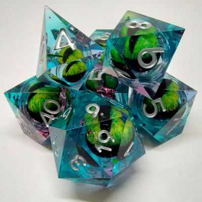 Liquid Core Dragon Eye dice kit - light blue / pink with pink foil in a bottle with screw-cap