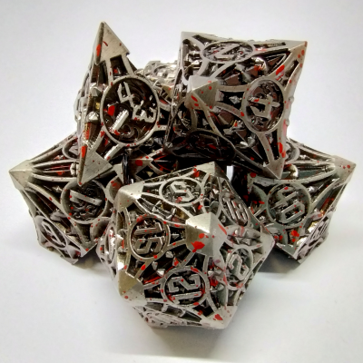 Chaos Dice Kit - Bloodied Ancient Silver with black suedecloth dice bag