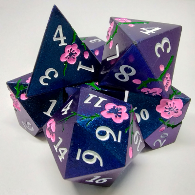 Plum Blossom Dice Kit - Blue with pink blossoms in a metal box