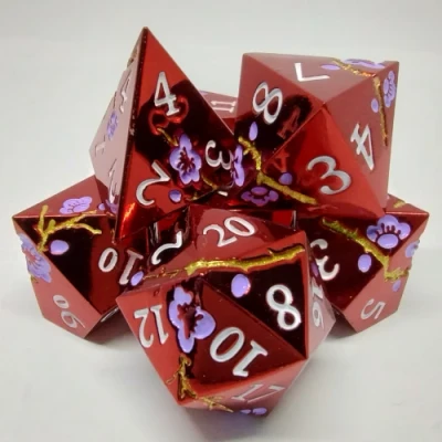 Plum Blossom Dice Kit - Red with violet blossoms in a metal box