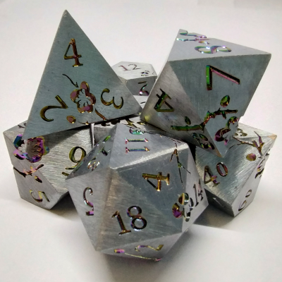 Plum Blossom Dice Kit - brushed silver with rainbow flowers in a metal box