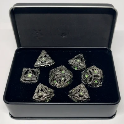 Devil-Eye Hollow Dice Kit - Brushed silver with shimmering green eye in a metal box