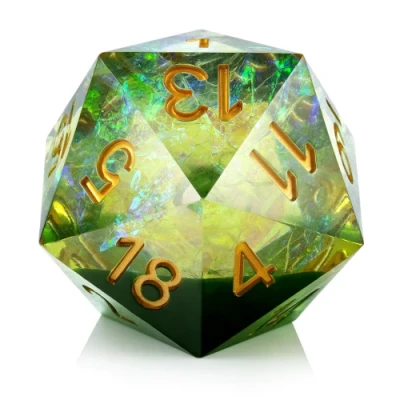 Large d20 (35mm): Shimmering Plasma - green & gold